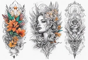 Full Back tattoo fine line with nature and some
Colors tattoo idea