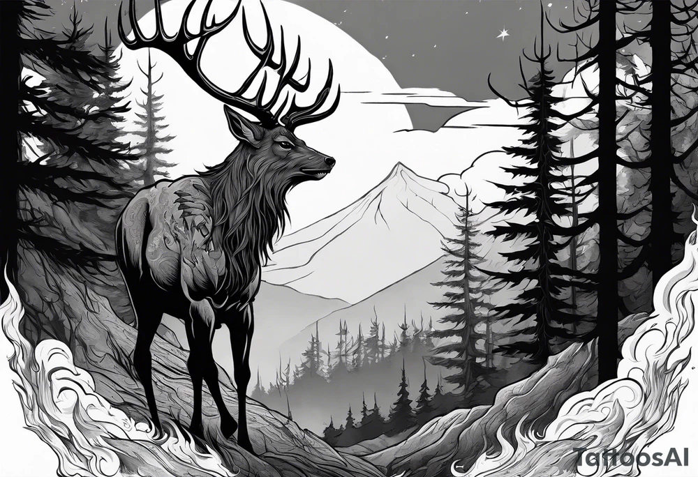 A spooky dead lore accurate wendigo side profile surrounded by a forest fire in background tattoo idea