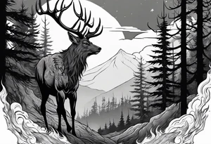 A spooky dead lore accurate wendigo side profile surrounded by a forest fire in background tattoo idea