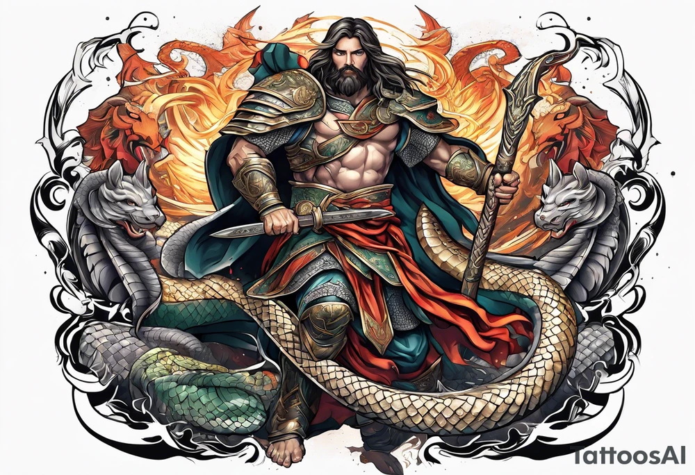 Almighty powerful Jesus in his indestructible armor fighting Serpent tattoo idea