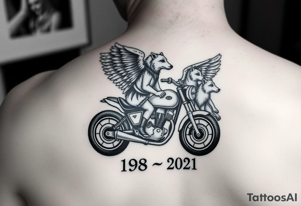 the year 1958 - 2021 with a motorcycle on it with guardian angel wolves tattoo idea