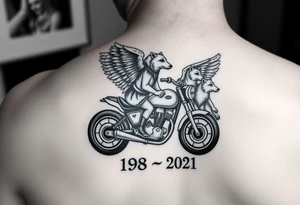 the year 1958 - 2021 with a motorcycle on it with guardian angel wolves tattoo idea
