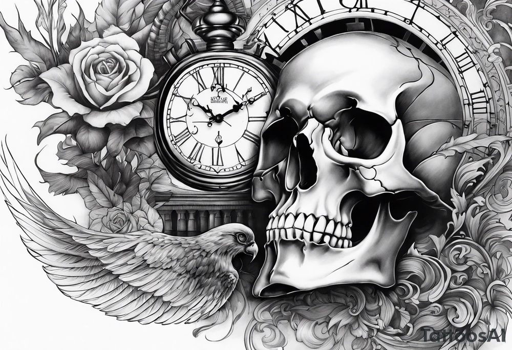 Skull, clock, stairs,phoenix sleeve tattoo idea