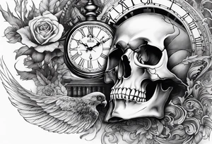 Skull, clock, stairs,phoenix sleeve tattoo idea
