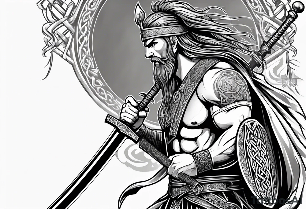 Celtic warrior facing left with sword drawn full body tattoo idea
