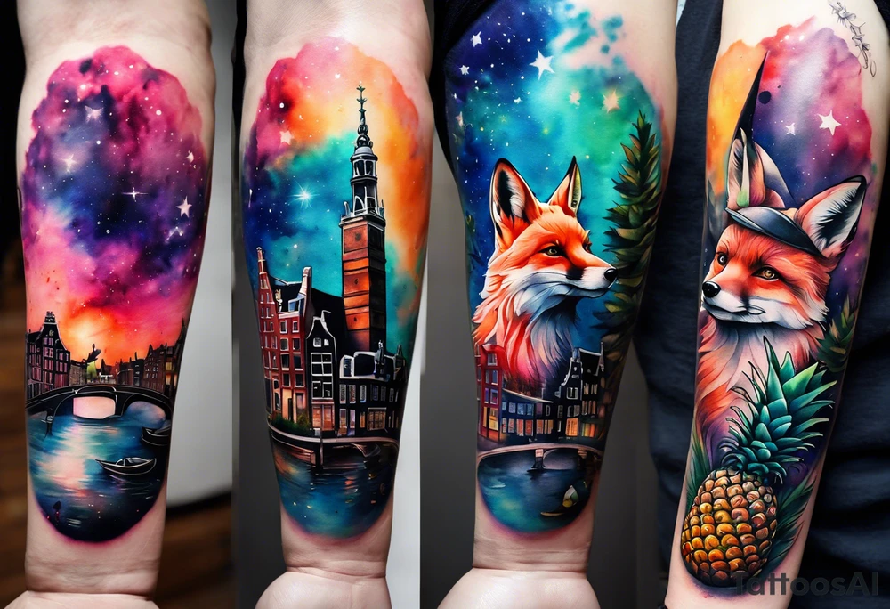 Arm tattoo, Animals, birds, stag, fox, watercolour of animals made from glass in Amsterdam featuring Amsterdam buildings and Amsterdam canal in galaxy colours featuring pineapples as space colours, galaxy colours, night sky, pineapples tattoo idea