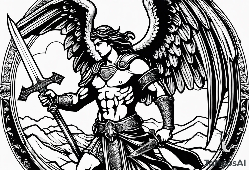 full body saint michael holding a sword slaying a demon tattoo idea