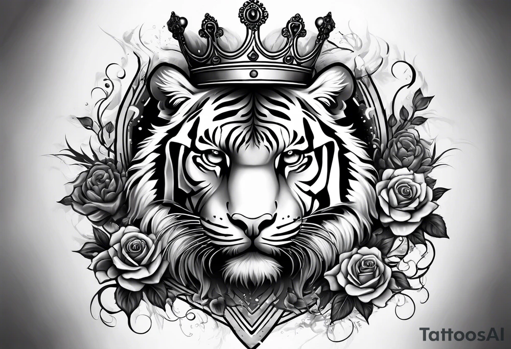 tiger with a crown and third eye with a hour glass instead the hour glass brain cover in in clouds and a heart cover in grass and roots with roses and smoke all over the arm tattoo idea