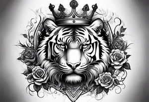 tiger with a crown and third eye with a hour glass instead the hour glass brain cover in in clouds and a heart cover in grass and roots with roses and smoke all over the arm tattoo idea