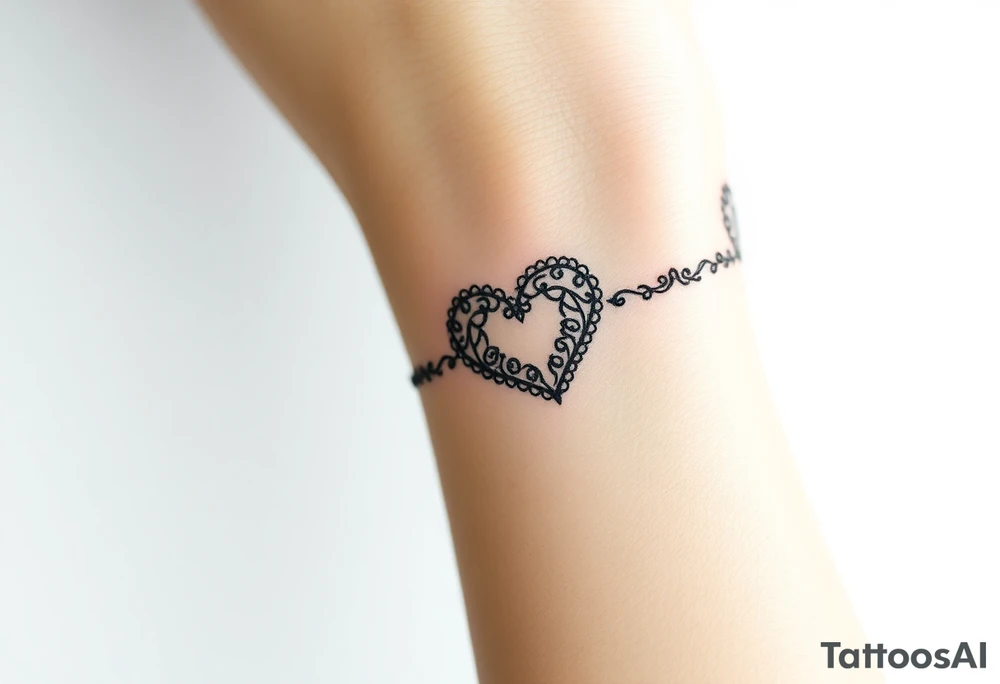 A heart-shaped lace pattern bracelet in black and silver, with a delicate filigree border tattoo idea