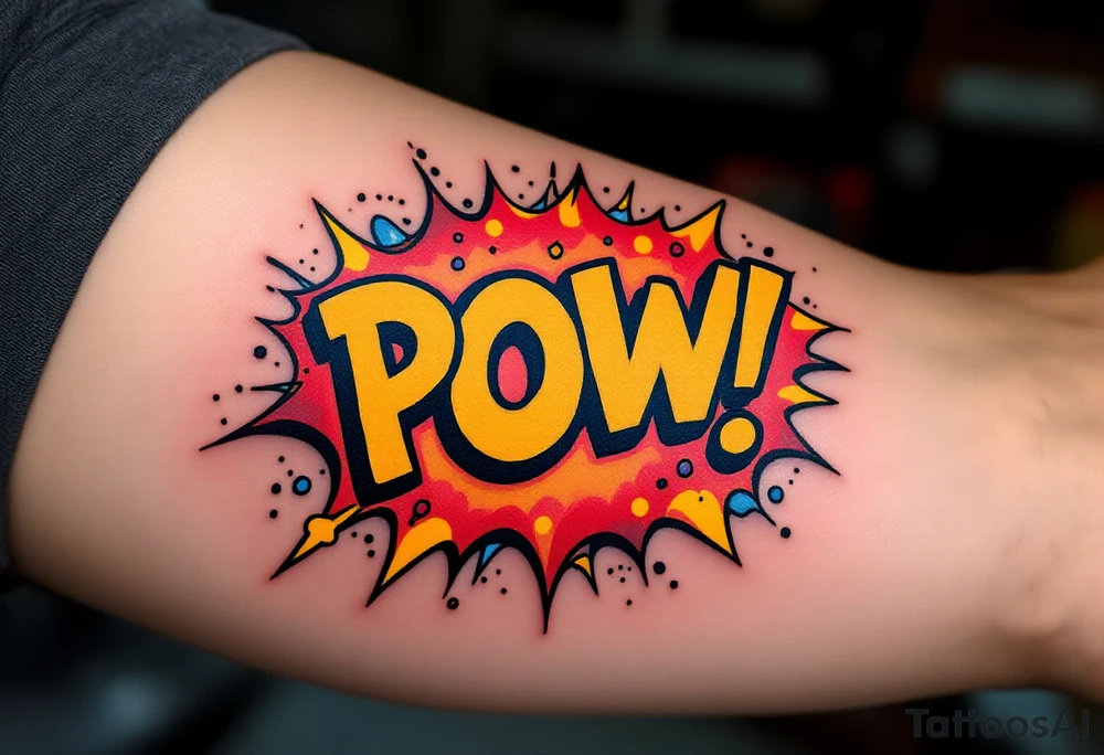 A comic-book style “POW!” bubble in red and yellow with “Díky tati!” inside. tattoo idea