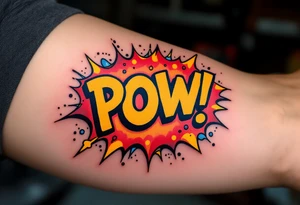 A comic-book style “POW!” bubble in red and yellow with “Díky tati!” inside. tattoo idea