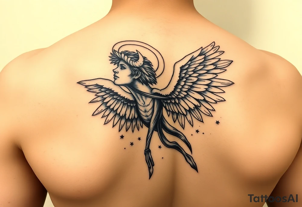 Dante Mikha'el angel who has grateful 4 wings scattered in the sky, 
Whitc shaining halo and blindfold tattoo idea