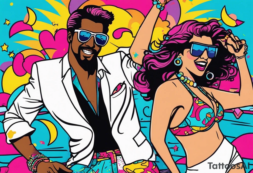1980's miami vice style beach dance 
party, include confetti, music notes, boom box, bikinis tattoo idea