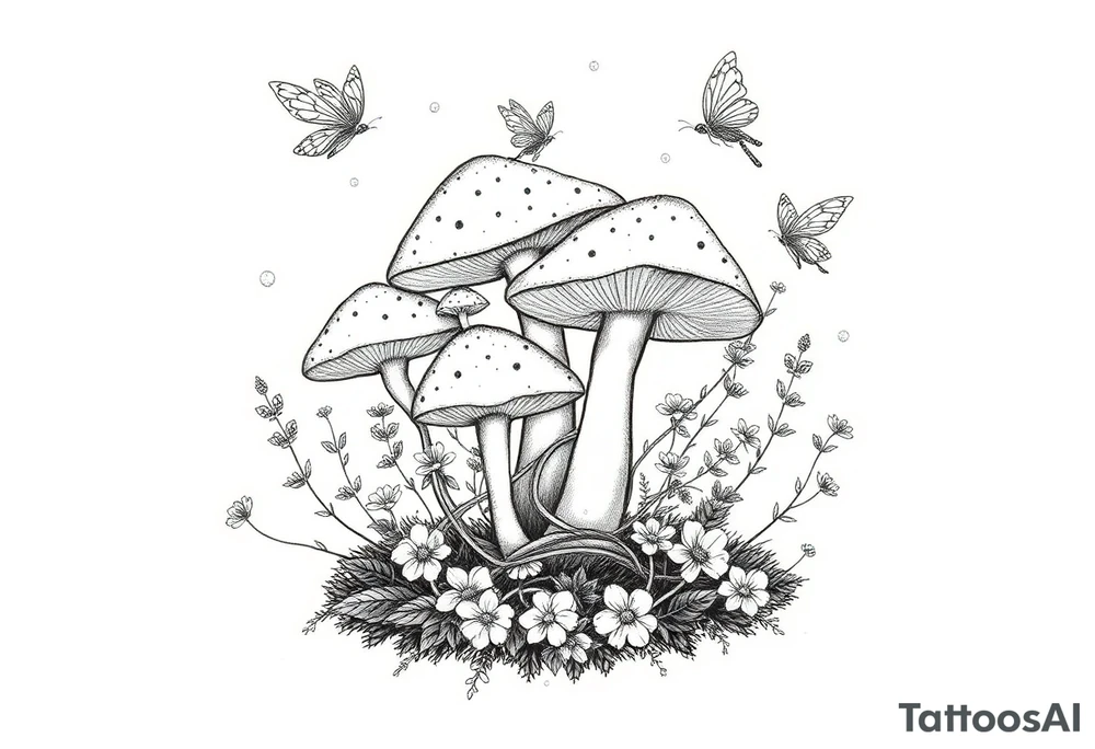 A flash tattoo design featuring mushrooms, wildflowers, and faeries could have a whimsical, nature-inspired aesthetic with fine line details and delicate shading. Here’s a concept:
	•	Central Focus: A cluster of mushrooms (such as fly agaric with speckled caps or delicate chanterelles) growing from a mossy base.
	•	Wildflowers: Sprigs of daisies, lavender, or forget-me-nots woven around the mushrooms for an organic, flowing look.
	•	Faeries: Tiny, ethereal faeries with butterfly or dragonfly wings interacting with the scene—one perched on a mushroom, another peeking from behind a flower, and a third in mid-flight, leaving a trail of sparkling dust.
	•	Additional Details: Twisting vines, tiny glowing orbs, and soft shading to create depth and enchantment. tattoo idea