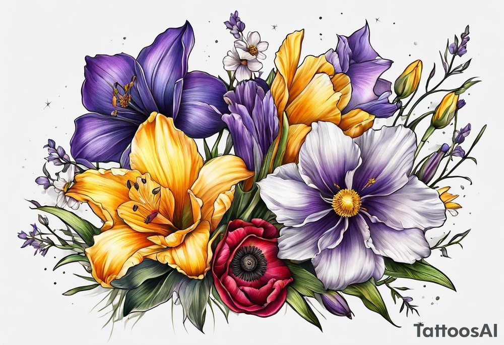 Hand bouquet with Violet, Daffodil, Gladiolus, Poppy, Cosmos tattoo idea