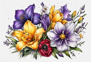 Hand bouquet with Violet, Daffodil, Gladiolus, Poppy, Cosmos tattoo idea