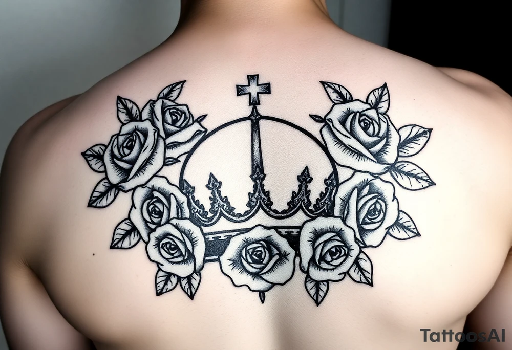 Roses around Christian crown tattoo idea