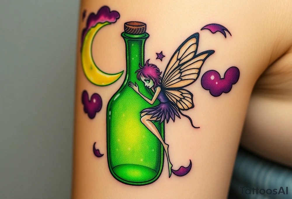 Tim Burton’s green absinthe fairy flitters outside her victorian absinthe bottle it sparkles with magic and dripping with muted reds, dusty pinks, and eerie green glow.purple and cyan smokey clouds swirl in the crescent moonlit sky thats sprinkled with stars tattoo idea tattoo idea