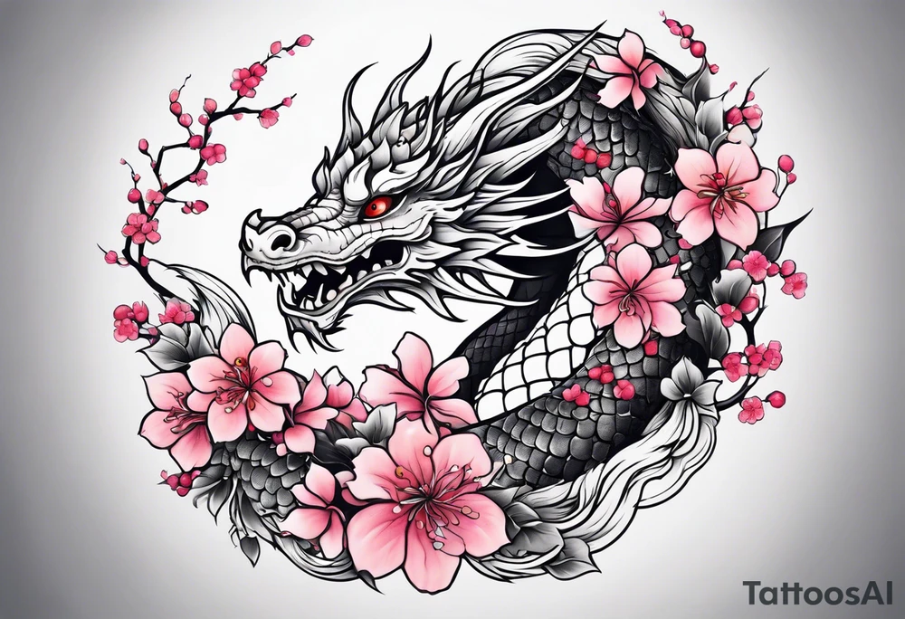 Dragon intertwined in cherry blossom, large feminine shoulder tattoo tattoo idea