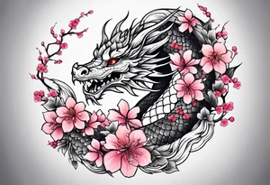 Dragon intertwined in cherry blossom, large feminine shoulder tattoo tattoo idea