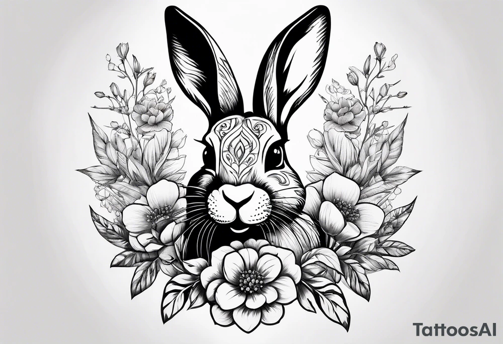 Rabbit head with flowers around it tattoo idea