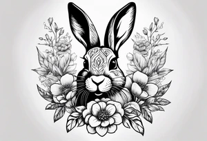 Rabbit head with flowers around it tattoo idea