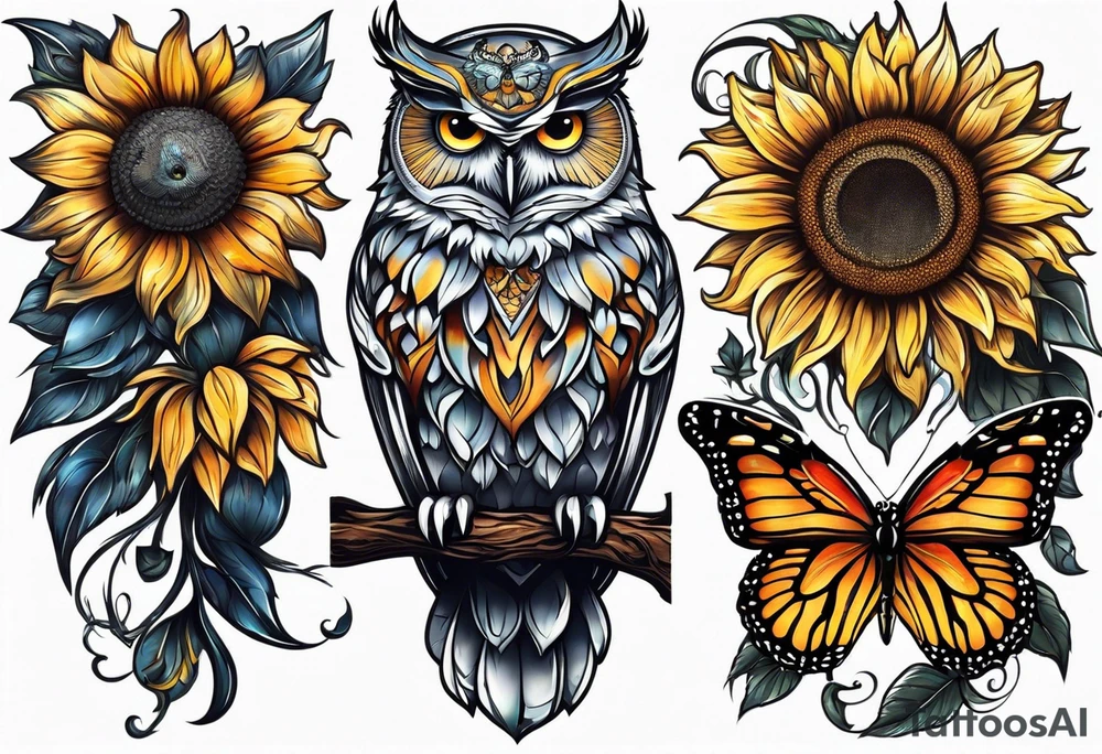 Owl sunflower and butterfly half sleeve tattoo idea