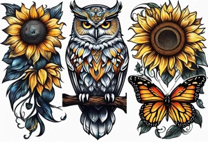 Owl sunflower and butterfly half sleeve tattoo idea