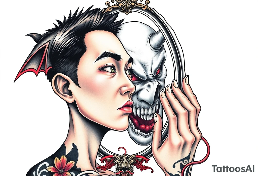 Handsome Asian young guy is looking in cursed mirror and see the evil tattoo idea
