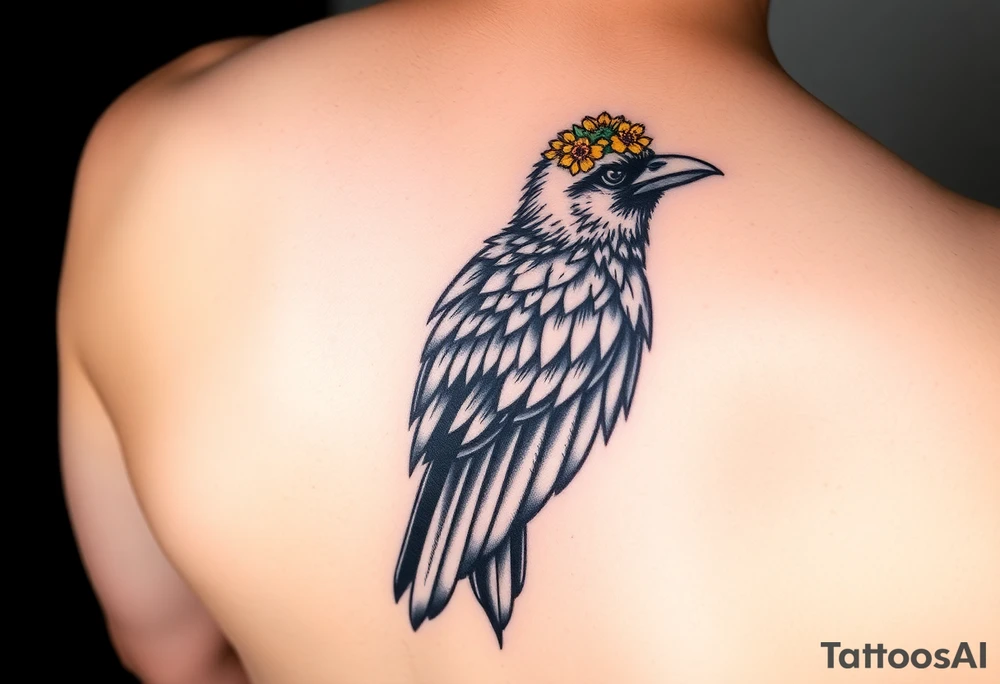 Crow with yellow flower crown and broken wing tattoo idea