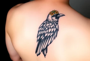 Crow with yellow flower crown and broken wing tattoo idea