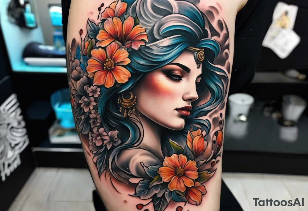 Sleeve with blind Themis and flowers tattoo idea
