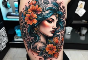 Sleeve with blind Themis and flowers tattoo idea