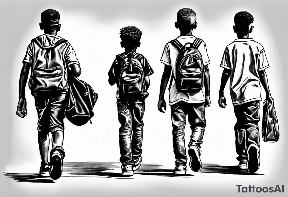 full bodies of 3 black school age boys walking away together and one is looking to the side at the one in the middle tattoo idea