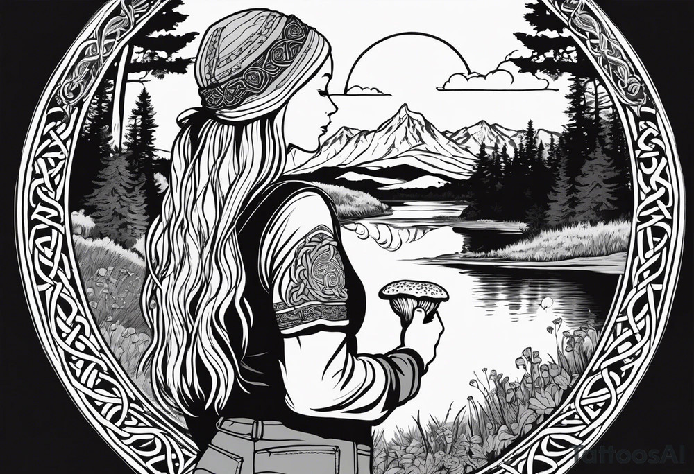 Whole picture encircled fully

Straight long blonde hair hippie girl in distance holding mushrooms in hand facing away toward mountains and creek surrounded by mushrooms long sleeve shirt and hiking pants; whole rendering within a full celtic circle border, no cut off circle tattoo idea