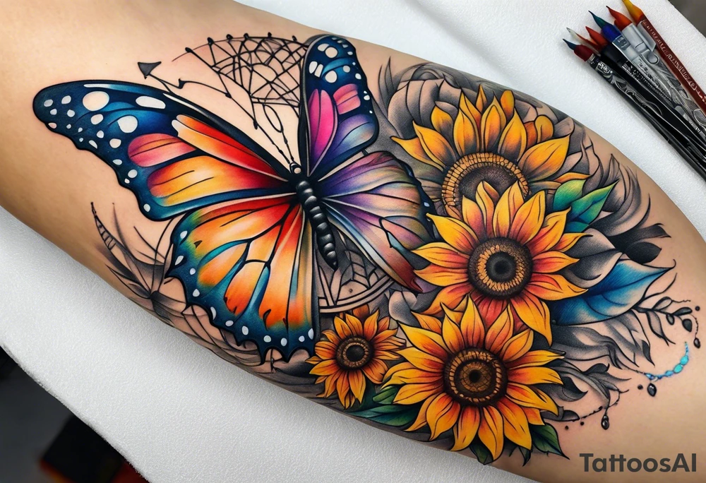 Quarter Leg sleeve with dreamcatcher, rainbow sunflowers and one butterfly tattoo idea