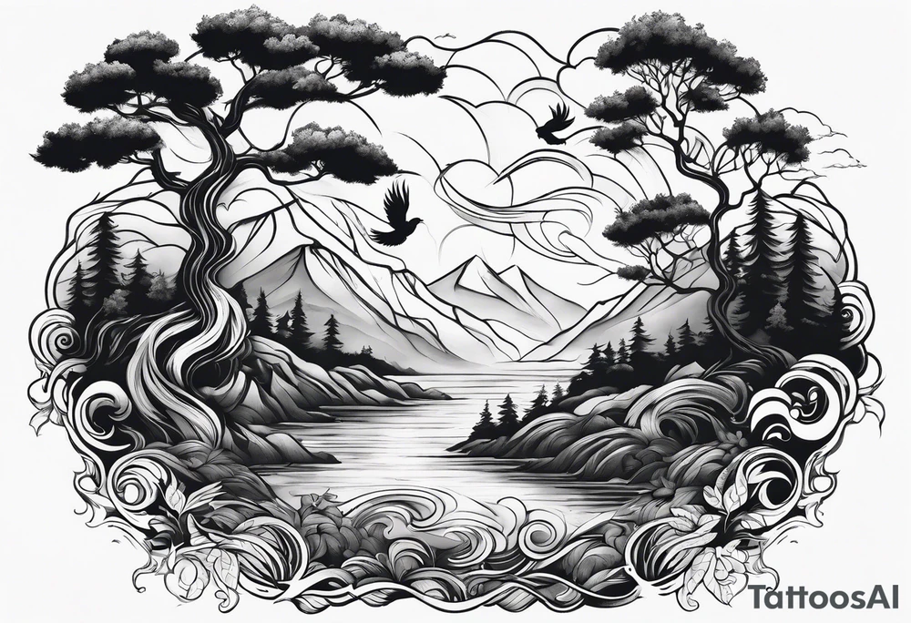forest with water flowing and phoenix and roots and waves and three birds tattoo idea