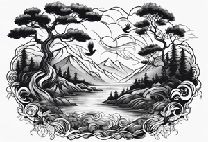 forest with water flowing and phoenix and roots and waves and three birds tattoo idea