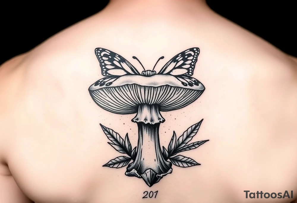 mushroom with butterlys above it tattoo idea