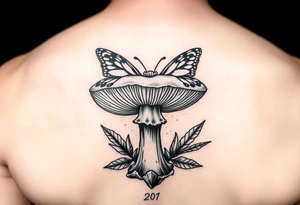 mushroom with butterlys above it tattoo idea