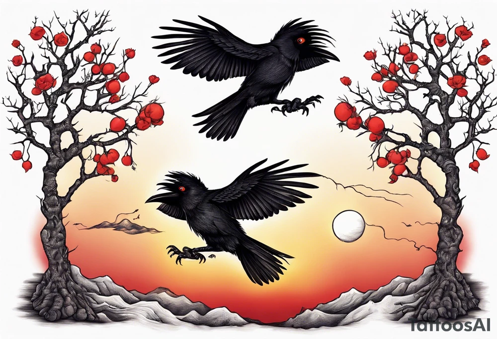 Two black crows flying into the sunset as they carry one long red string between them. tattoo idea