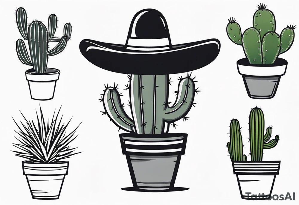Cactus in a pot wearing a sombrero black and grey tattoo idea