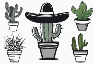 Cactus in a pot wearing a sombrero black and grey tattoo idea