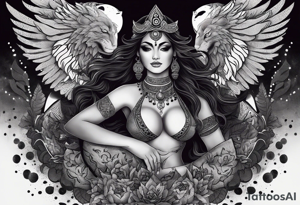 black kali, goddess pirate, alien, angel, pachamama, valkrye, warrior, flying, skull, lotus azul, wing, eagle, zenza resonance, stars, 5D, anahata chakra, death, durga, riding on a tiger, flying lady, kundalini, chest tatoo, samuri, rebel, serpent tattoo idea