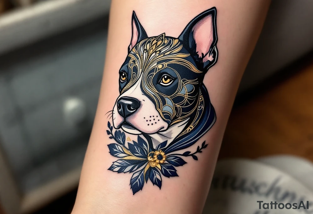 Art Deco Staffordshire Bull Terrier a stylized design with elegant symmetry and gold and deep navy tones, inspired by Art Deco architecture. tattoo idea