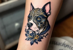 Art Deco Staffordshire Bull Terrier a stylized design with elegant symmetry and gold and deep navy tones, inspired by Art Deco architecture. tattoo idea
