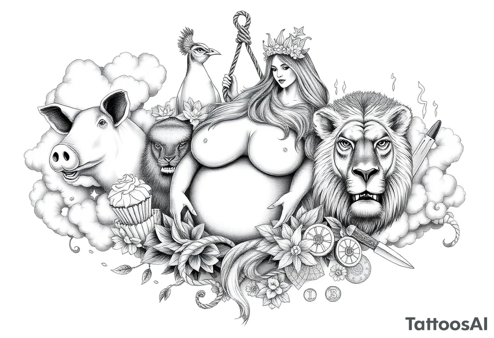 Storm clouds, pig, peacock , fat sexy naked fat woman, cupcakes, noose , money, goat, lion, man and girl having sex, cigerette, drugs, coins, storm lightening, killing, darkness, mirror, razor , knife, surrounded by clouds tattoo idea