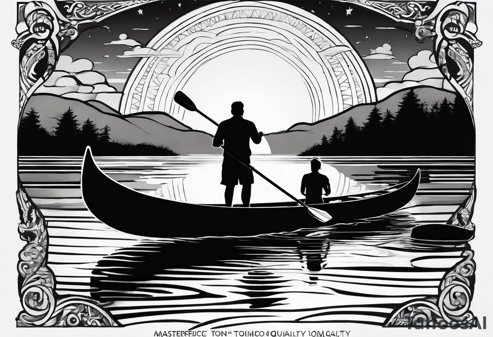 pictured from behind, average sized man with his arms fully extended straight out to the side at chest level, standing on top of modestly sized canoe on the water with a sun above his head. tattoo idea