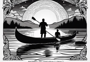 pictured from behind, average sized man with his arms fully extended straight out to the side at chest level, standing on top of modestly sized canoe on the water with a sun above his head. tattoo idea